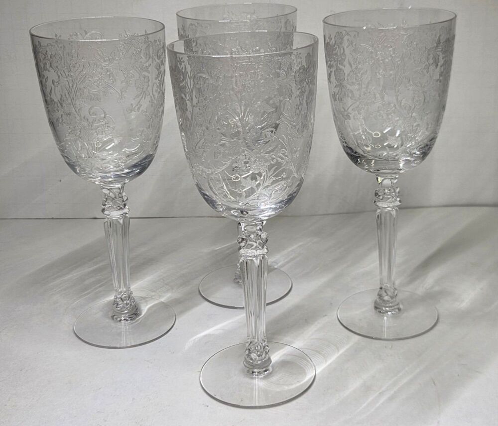 Set Of 4 Fostoria Buttercup Water Glasses Goblets Wine 7.9"  Stem 6030 Etch 340